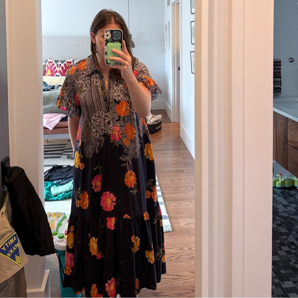 Anthropologie Navy and Orange Floral Dress